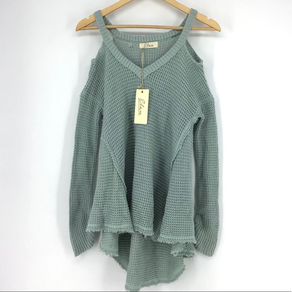 Elan Sweaters - Elan Waffle Mint V-Neck Cold Shoulder Sweater NWT